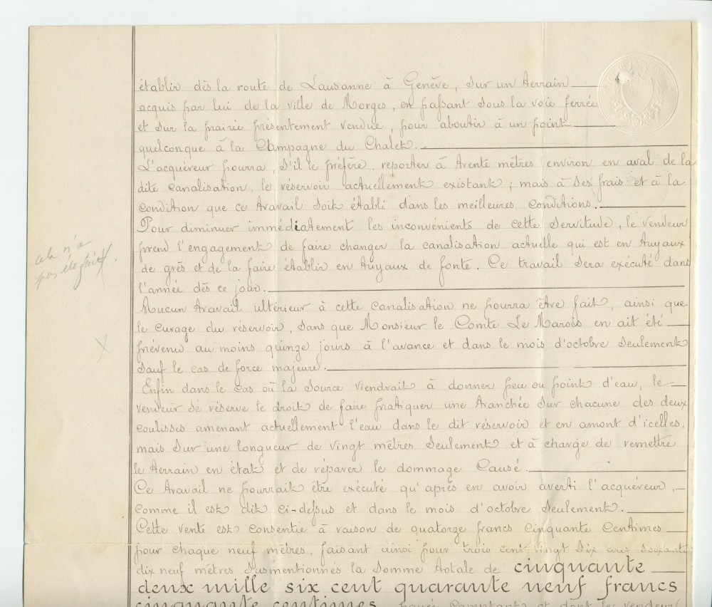 Acte n° 2459 de vente d'immeubles situés sur la commune de Morges (Petit Riond-Bosson, À Bonjean) selon le plan réalisé par M. Charles Kräutler, géomètre en cette ville, réalisée le 16 mai 1888 devant le notaire Louis Monay, à Morges