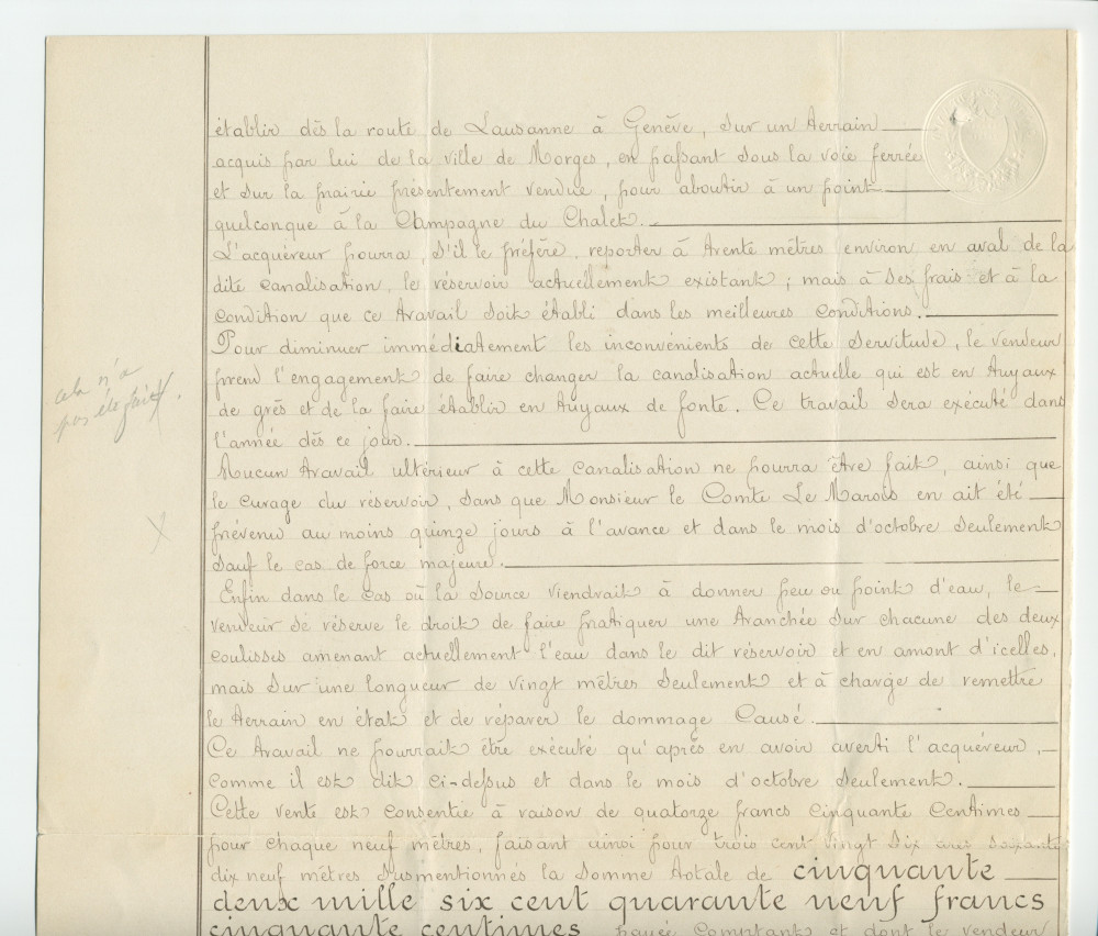 Acte n° 2459 de vente d'immeubles situés sur la commune de Morges (Petit Riond-Bosson, À Bonjean) selon le plan réalisé par M. Charles Kräutler, géomètre en cette ville, réalisée le 16 mai 1888 devant le notaire Louis Monay, à Morges