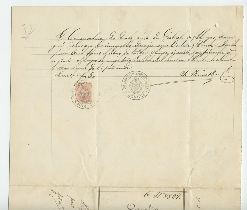 Acte n° 2459 de vente d'immeubles situés sur la commune de Morges (Petit Riond-Bosson, À Bonjean) selon le plan réalisé par M. Charles Kräutler, géomètre en cette ville, réalisée le 16 mai 1888 devant le notaire Louis Monay, à Morges