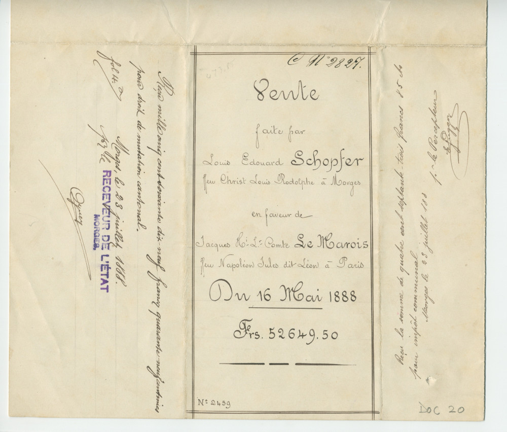 Acte n° 2459 de vente d'immeubles situés sur la commune de Morges (Petit Riond-Bosson, À Bonjean) selon le plan réalisé par M. Charles Kräutler, géomètre en cette ville, réalisée le 16 mai 1888 devant le notaire Louis Monay, à Morges