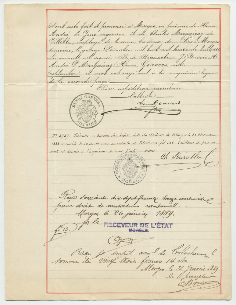 Acte n° 4222 de vente d'un immeuble sis «Au Molliau», sur la commune de Tolochenaz, réalisée le 15 décembre 1888 devant le notaire Henri Gonvers, à Morges, par M. Jean Charles César Benjamin, fils de feu Georges Louis de Beausobre, à Morges