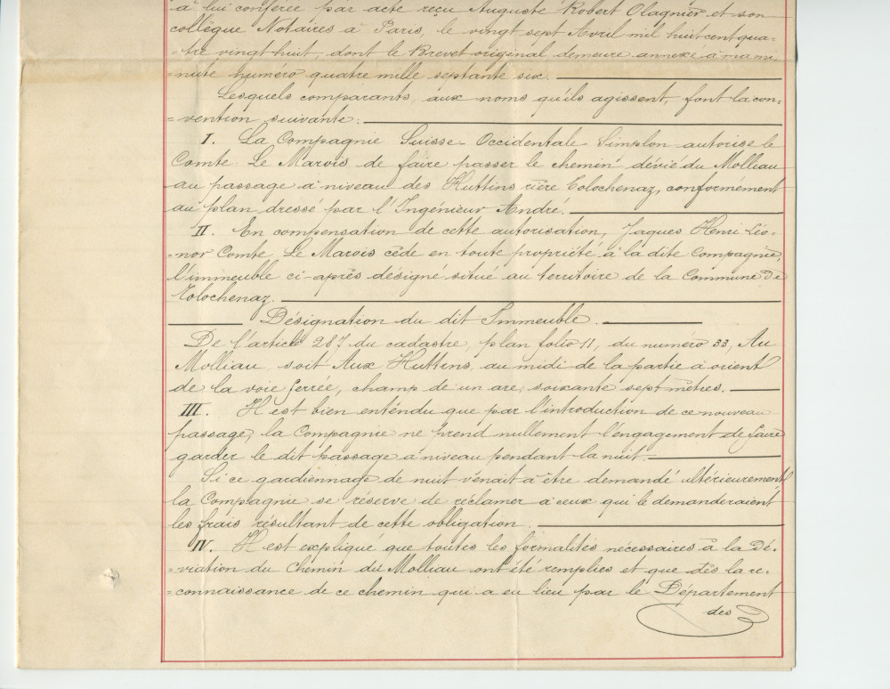 Convention entre la Compagnie des chemins de fer de la Suisse-Occidentale et du Simplon, représentée par M. Louis Delarageaz, ingénieux, domicilié à Lausanne, et M. Jacques Henri Lénor Comte Le Marois