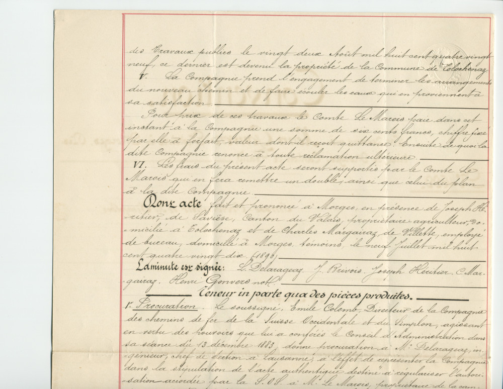 Convention entre la Compagnie des chemins de fer de la Suisse-Occidentale et du Simplon, représentée par M. Louis Delarageaz, ingénieux, domicilié à Lausanne, et M. Jacques Henri Lénor Comte Le Marois