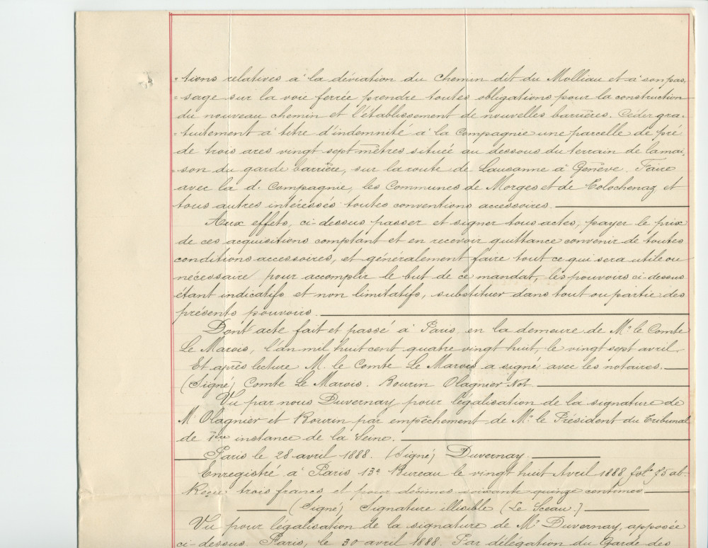 Convention entre la Compagnie des chemins de fer de la Suisse-Occidentale et du Simplon, représentée par M. Louis Delarageaz, ingénieux, domicilié à Lausanne, et M. Jacques Henri Lénor Comte Le Marois
