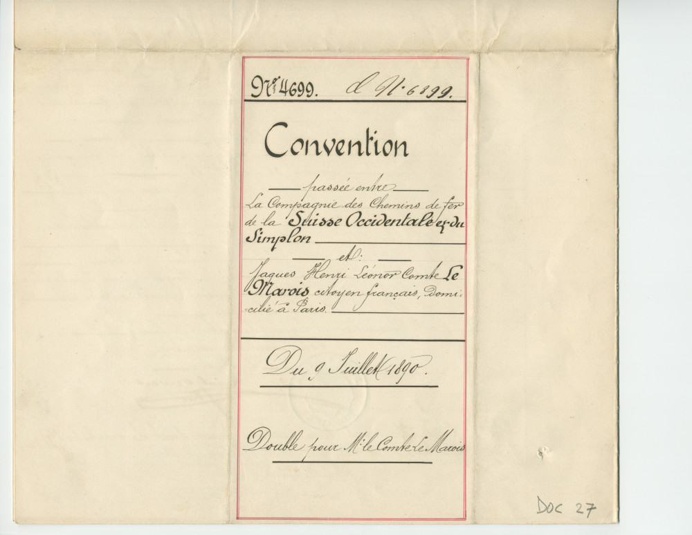Convention entre la Compagnie des chemins de fer de la Suisse-Occidentale et du Simplon, représentée par M. Louis Delarageaz, ingénieux, domicilié à Lausanne, et M. Jacques Henri Lénor Comte Le Marois