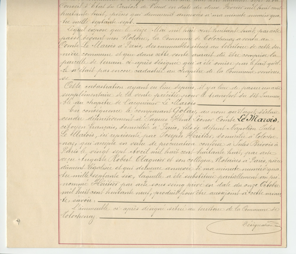 Acte n° 5118 de vente complémentaire d'un immeuble sis «En Riond-Bosson» propriété de la Commune de Tolochenaz réalisée le 18 novembre 1891 devant le notaire Henri Gonvers, à Morges