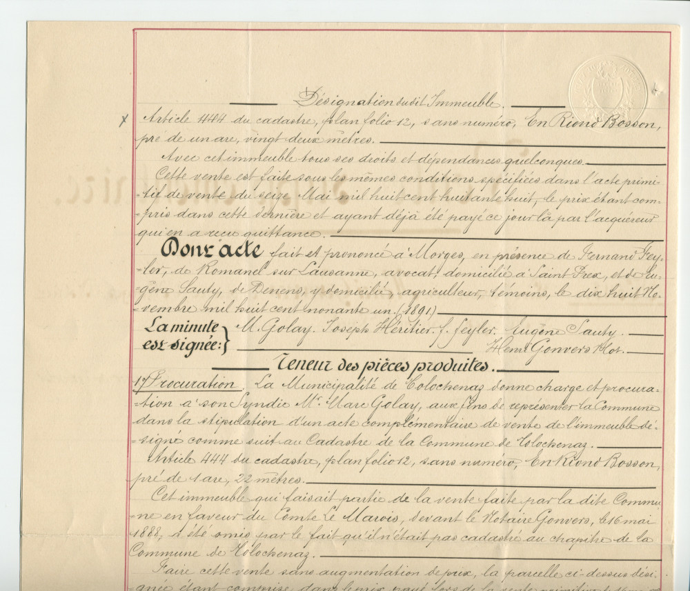 Acte n° 5118 de vente complémentaire d'un immeuble sis «En Riond-Bosson» propriété de la Commune de Tolochenaz réalisée le 18 novembre 1891 devant le notaire Henri Gonvers, à Morges