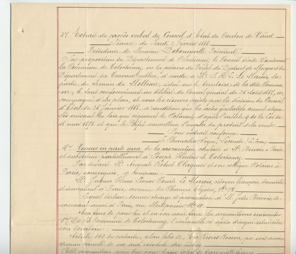 Acte n° 5118 de vente complémentaire d'un immeuble sis «En Riond-Bosson» propriété de la Commune de Tolochenaz réalisée le 18 novembre 1891 devant le notaire Henri Gonvers, à Morges