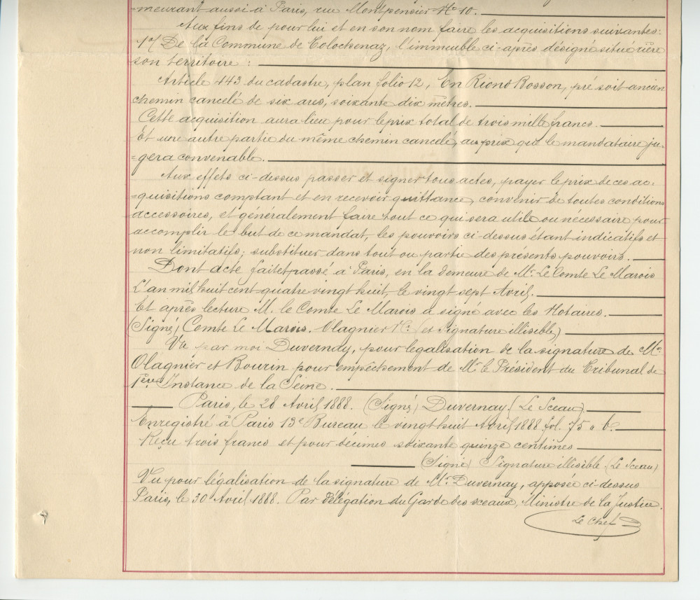 Acte n° 5118 de vente complémentaire d'un immeuble sis «En Riond-Bosson» propriété de la Commune de Tolochenaz réalisée le 18 novembre 1891 devant le notaire Henri Gonvers, à Morges