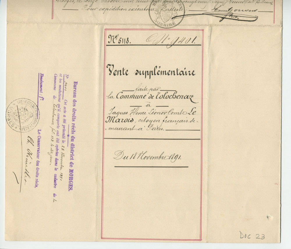 Acte n° 5118 de vente complémentaire d'un immeuble sis «En Riond-Bosson» propriété de la Commune de Tolochenaz réalisée le 18 novembre 1891 devant le notaire Henri Gonvers, à Morges