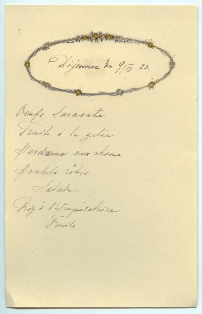 Menu manuscrit réalisé par Hélène Paderewska pour le déjeuner du 9 septembre 1923 à Riond-Bosson
