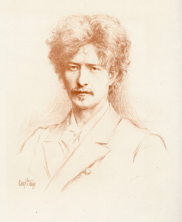 Dessin brun-rouge (crayon? lithographie?) de Paderewski tiré du livre «The Century Library of Music in Twenty Volumes edited by IJP» (Century Co., 1900) (signature illisible: «George T. T?»)