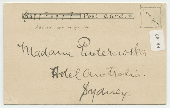 Carte postale avec dessin original à la plume réalisé en 1904 par une jeune artiste australienne, B. Bridgstocke, en marge de la tournée océanique de Paderewski