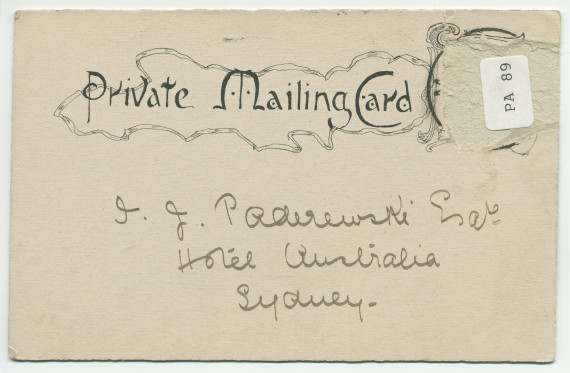 Carte postale avec dessin original à la plume réalisé en 1904 par une jeune artiste australienne, B. Bridgstocke, en marge de la tournée océanique de Paderewski