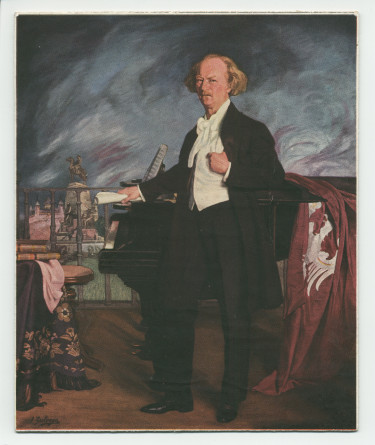Reproduction imprimée du portrait en pied de Paderewski devant un piano drapé du drapeau polonais réalisé en 1926 par le peintre basque Ignacio Zuloaga y Zabaleta