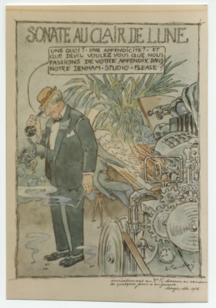 Reproduction d'une caricature de style bande-dessinée d'auteur non identifié («W. de Maÿ»?) évoquant l'appendicite dont a manifestement souffert Paderewski lors de l'enregistrement filmé de son Menuet en septembre 1936 au Denham Studio de Londres