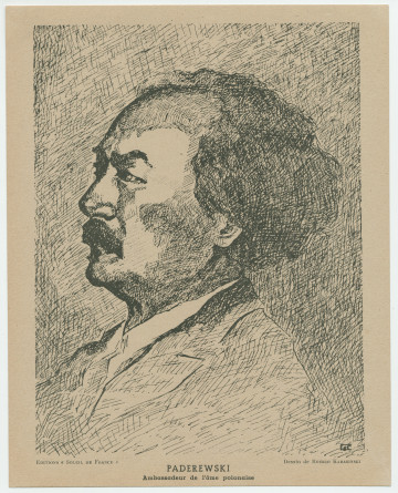 Dessin imprimé de Roman Karasinski représentant Paderewski, «ambassadeur de l'âme polonaise», de profil (gauche), publié en feuillet par les Editions «Soleil de France» en 1945