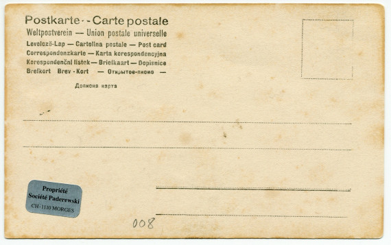 Carte postale du «jeune lion» Paderewski – photographie prise par la London Stereoscopic & Photographic Company Limited de Londres – éditée par l'Union postale universelle