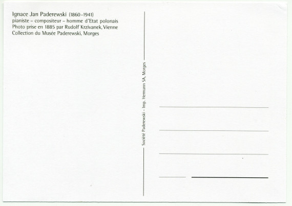 Carte postale de Paderewski avec signature – photographie prise à San Francisco par Elite Jones & Lutz, lors de sa première tournée américaine en 1891 (référence erronée au verso) – éditée par la Société Paderewski de Morges