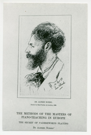Photographie du dessin de profil du sculpteur, musicien et écrivain polonais Alfred Nossig (1864-1943) réalisé par Emil Fuchs (1866-1929) en 1899 à Londres et reproduit sur la couverture de «The Secret of Paderewski's Playing»