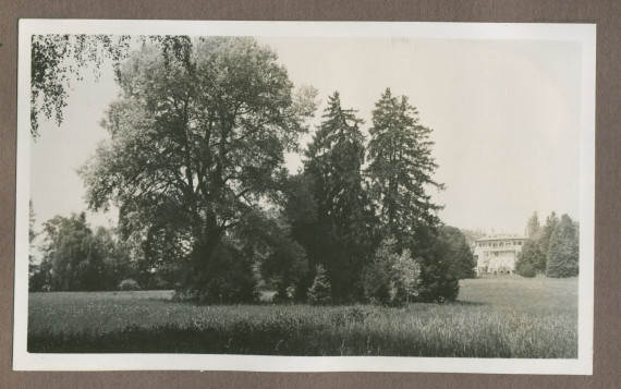 Photographie éloignée de l'angle sud-ouest de la villa de Riond-Bosson en 1935, avec le parc en premier plan