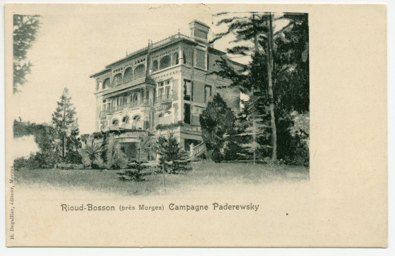 Carte postale avec légende représentant l'angle est de la «campagne Paderewski» de «Rioud-Bosson» (sic), adressée depuis le Pensionnat Daulte de Lausanne à Mrs. et Mr. L. Grantham à Bedford (Angleterre) mais non envoyée