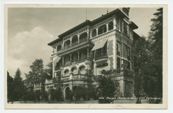 Carte postale avec légende représentant l'angle est de la «villa Paderewski» de Riond-Bosson – éditée par O. Sartori à Genève – avec au verso un message d'Hélène Sentou envoyé à Mlle Uhlmann en 1933