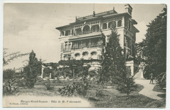 Carte postale avec légende représentant la «villa de M. Paderewski» de Riond-Bosson depuis le sud-est (de face) – éditée par E. Staub – avec message au verso (sans rapport avec Paderewski) expédié le 13 décembre 1913 de la gare de Lausanne