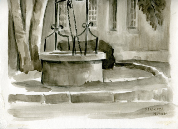Aquarelle d'un puits à Morges (?) réalisée par H. Lieberek (Morges)