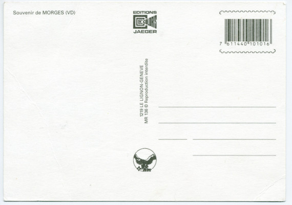 Carte postale touristique «Souvenir de Morges» avec au centre la photographie de la statue de Paderewski réalisée par Milo Martin – éditée par Jaeger au Lignon (GE)