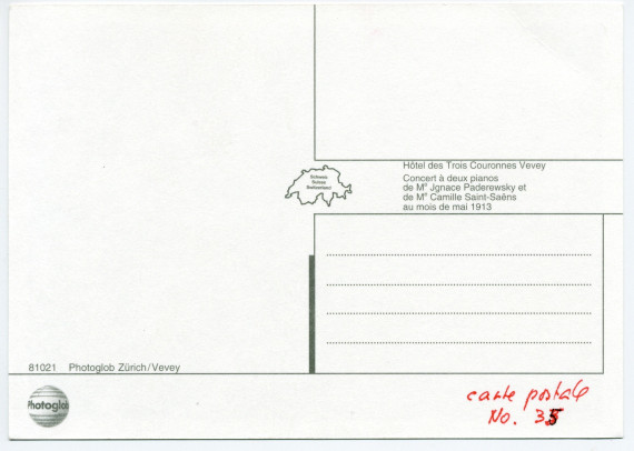Carte postale représentant Paderewski et Camille Saint-Saëns face-à-face au piano dans les salons de l'Hôtel des Trois Couronnes à Vevey dans le cadre des Fêtes musicales données du 18 au 21 mai 1913 en l'honneur de Camille Saint-Saëns