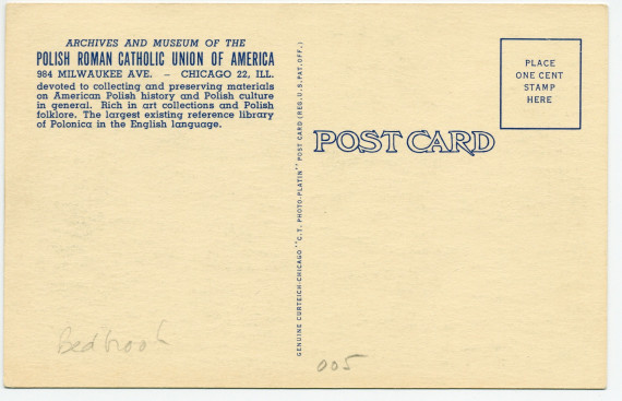 Carte postale représentant le salon de Paderewski à l'Hôtel Buckingham de New York reconstitué au sein de la chambre du souvenir du Polish Roman Catholic Union Archives and Museum de Chicago (984 Milwaukee Ave.) – éditée par l'institution