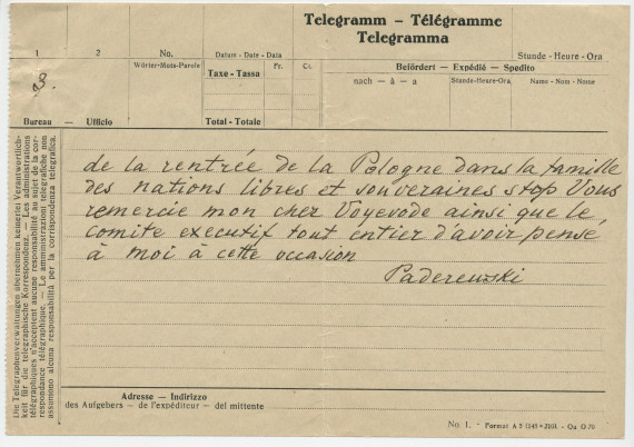 Télégramme non daté adressé par Paderewski au comte Adolphe Bninski, ancien voïvode de Posnanie, à Poznan, de Suisse