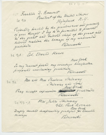 Brouillons de télégrammes adressés par Paderewski, entre août et novembre 1935 (1-5)