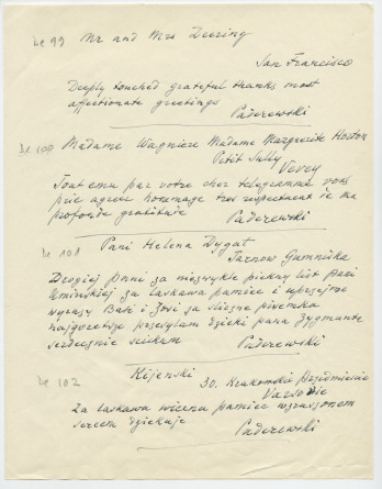 Brouillons de télégrammes adressés par Paderewski, entre août et novembre 1935 (1-5)