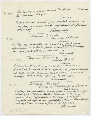 Brouillons de télégrammes adressés par Paderewski, entre août et novembre 1935 (6-10)