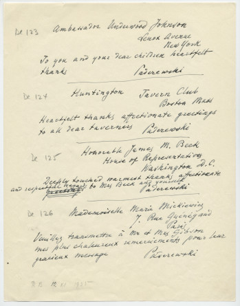 Brouillons de télégrammes adressés par Paderewski, entre août et novembre 1935 (11-15)