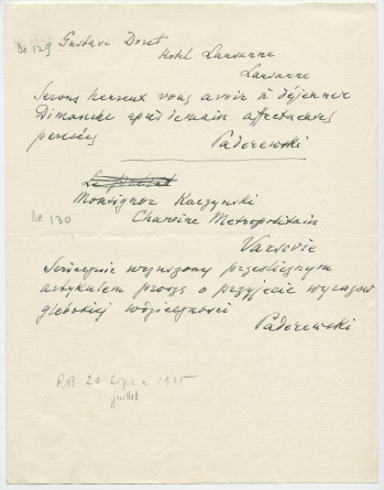 Brouillons de télégrammes adressés par Paderewski, entre août et novembre 1935 (16-20)
