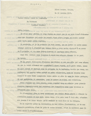 Lettre (en 3 versions dactylographiées) adressée par Paderewski à Simone Giron-de Pourtalès, «La Terrasse» à Genthod (Genève), de Riond-Bosson le 15 octobre 1939 (pages 6-7)