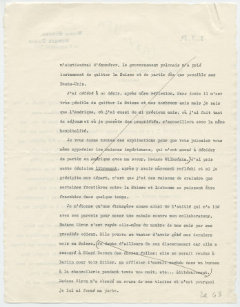 Lettre (avec brouillon) adressée par Paderewski au Juge d'instruction cantonal, à Lausanne, à propos de «l'affaire Simone Giron», de Riond-Bosson le 8 septembre 1940 (pages 1-4)