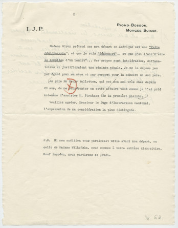Lettre (avec brouillon) adressée par Paderewski au Juge d'instruction cantonal, à Lausanne, à propos de «l'affaire Simone Giron», de Riond-Bosson le 8 septembre 1940 (pages 1-4)