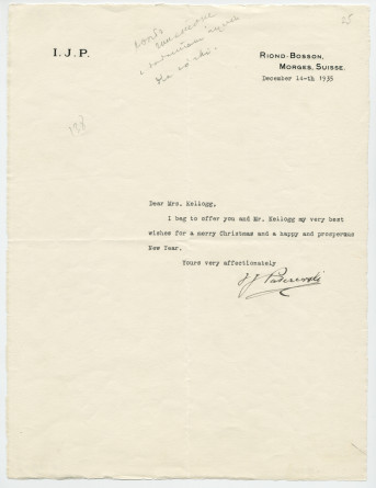 Lettre adressée par Paderewski à Mrs. [Vernon] Kellogg, de Riond-Bosson le 14 décembre 1935