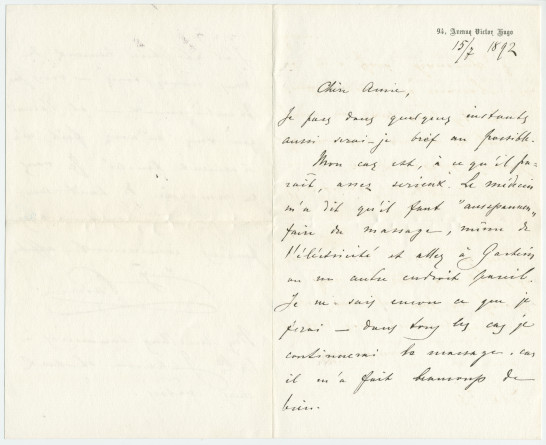 Lettre (avec enveloppe) adressée par Paderewski à Irène Löwenberg, à Vienne, de Paris, 94 avenue Victor-Hugo, le 15 juillet 1892