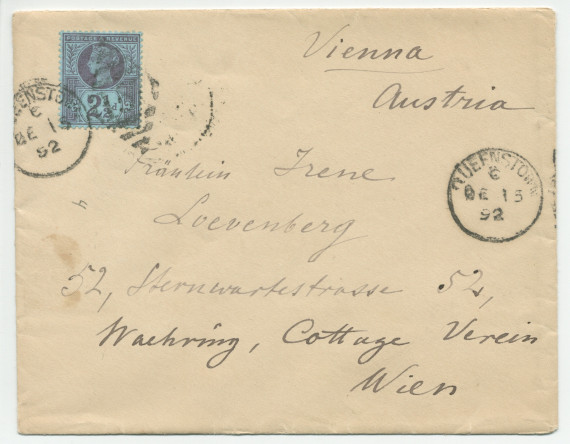 Lettre (avec enveloppe) adressée par Paderewski à Irène Löwenberg, à Vienne, de Londres le 15 décembre (?) 1892