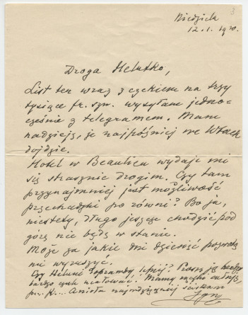 Lettre adressée (en polonais) par Paderewski à Hélène Lübke, Villa Dé-Dé, avenue Flora, Cimiez, Nice, de [Riond-Bosson] le 12 janvier 1930