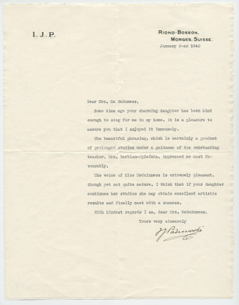 Lettre adressée (en anglais) par Paderewski à Mrs. McGuiness, de Riond-Bosson le 2 janvier 1940