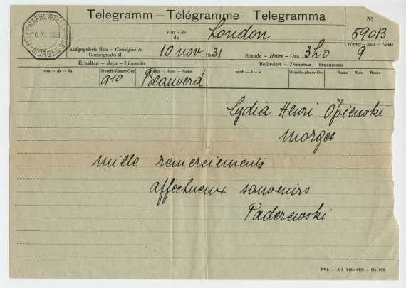 Télégramme adressé par Paderewski à «Lydia Henri Opienski Morges», de Londres le 10 novembre 1931