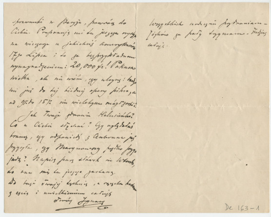 Lettre adressée (en polonais) par Paderewski à Hélène Paderewska, à Riond-Bosson, de Paris le 1er juillet 1899