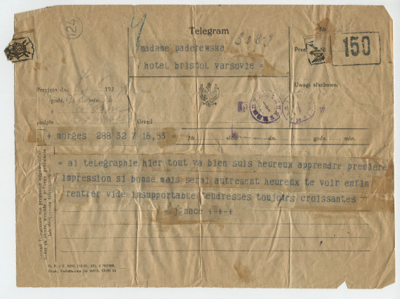 Télégramme adressé par Paderewski à Hélène Paderewska, à l'Hôtel Bristol de Varsovie, de Morges le 7 juin 1924
