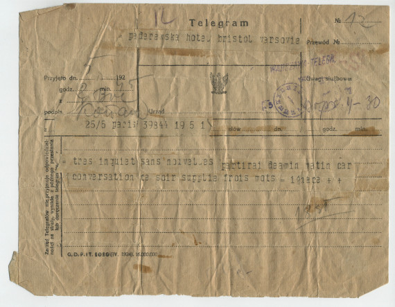 Télégramme adressé par Paderewski à Hélène Paderewska, à l'Hôtel Bristol de Varsovie, de Paris le 5 juillet 1924